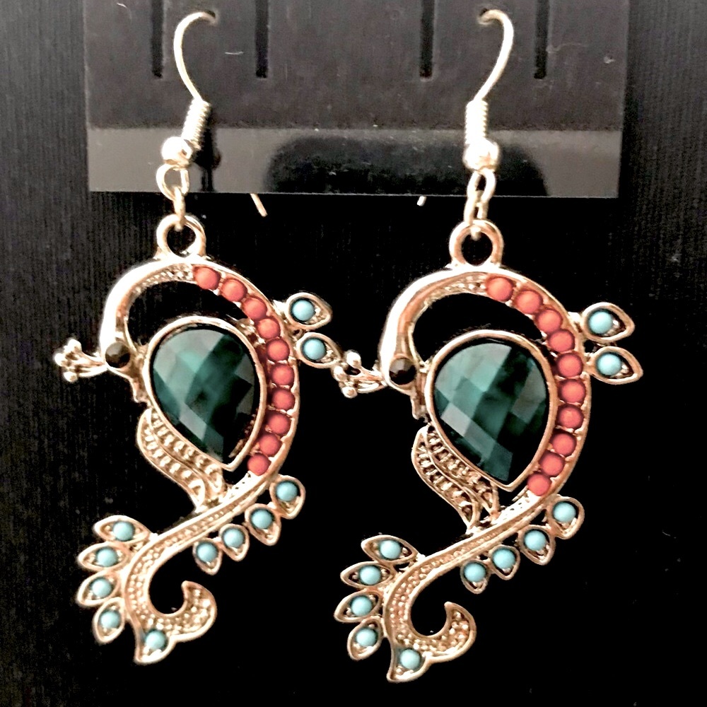 Ornate Design Faux Emerald Earrings